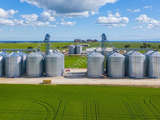Image of grain silos in a field.